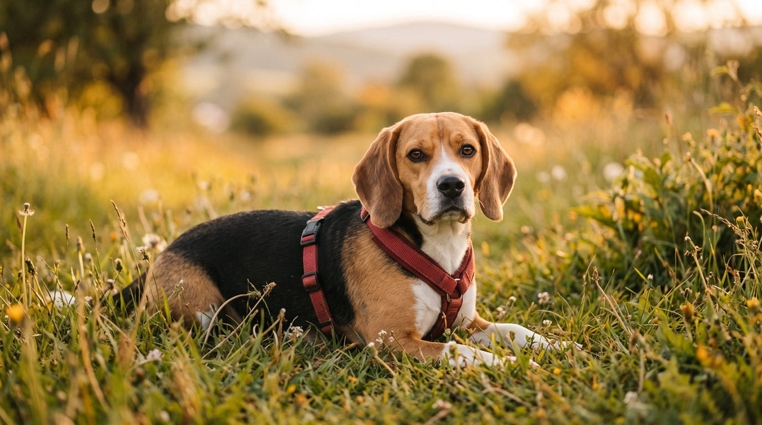 Beagle wearing a red harness lying in the grass at golden hour
