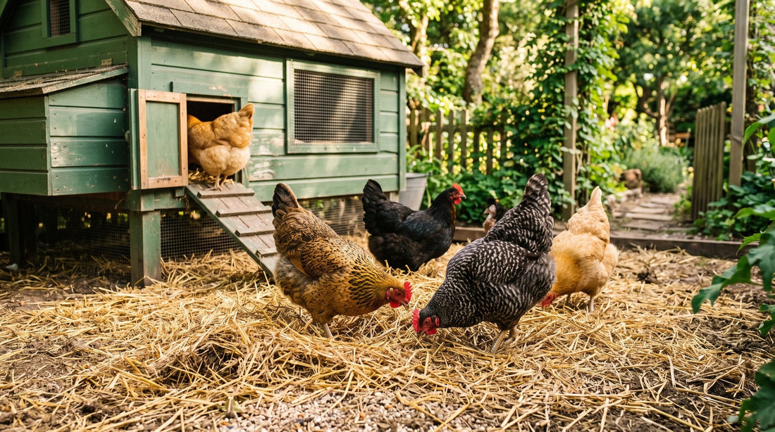 Hens foraging in straw outside a green backyard chicken coop