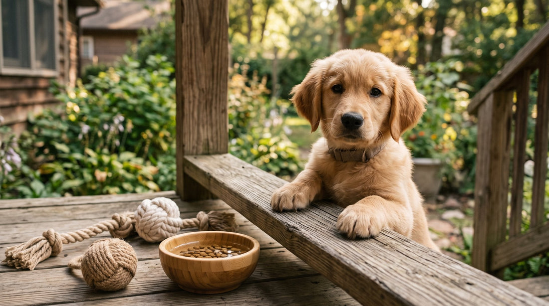 Golden puppy on a wooden porch with natural-fiber pet essentials
