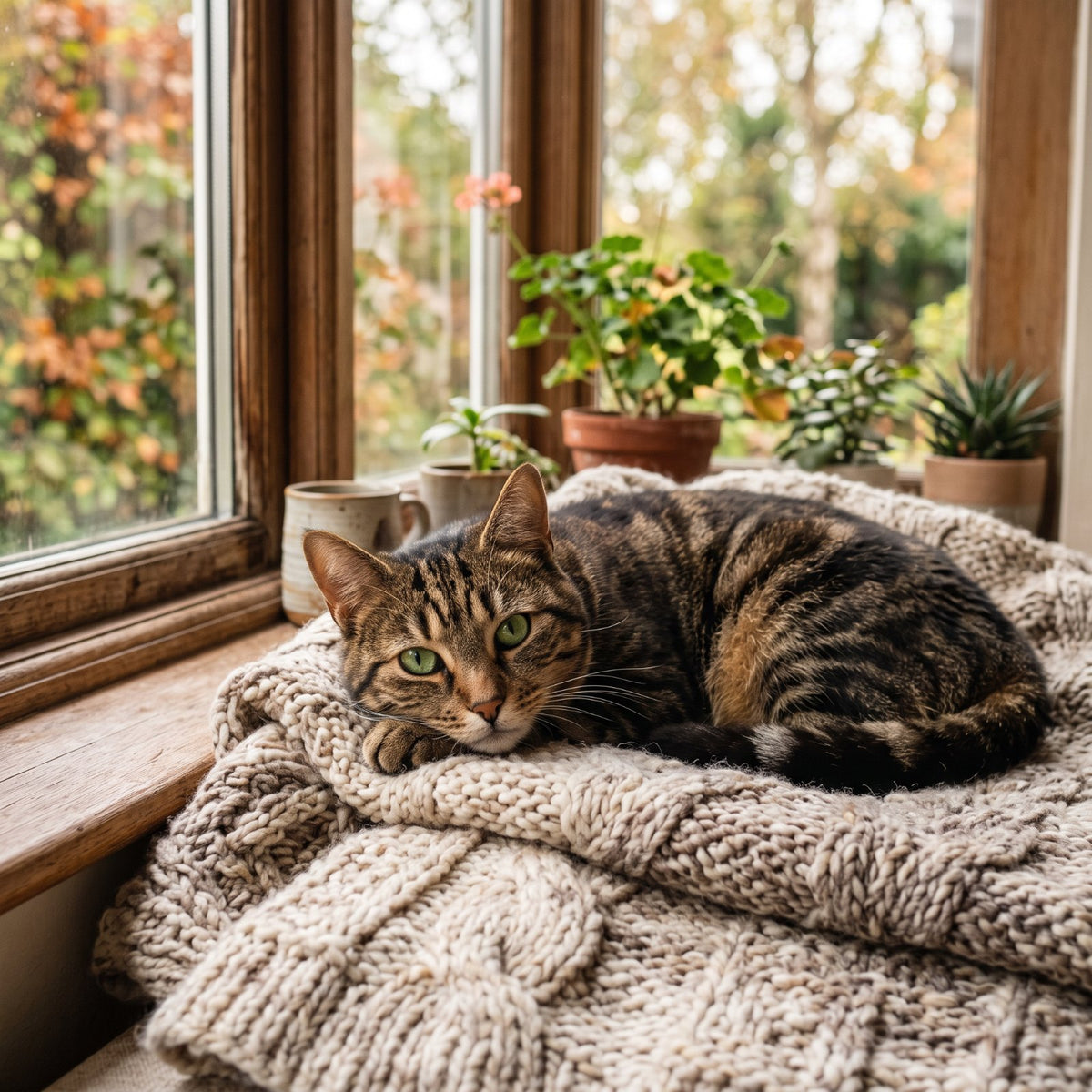 Cat Essentials — tabby cat resting on a wool blanket by a window