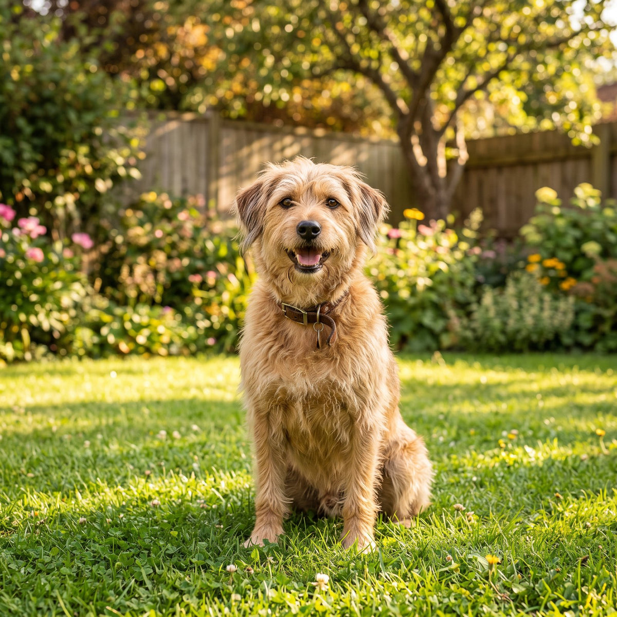 Dog Essentials — happy dog sitting in a sunny backyard