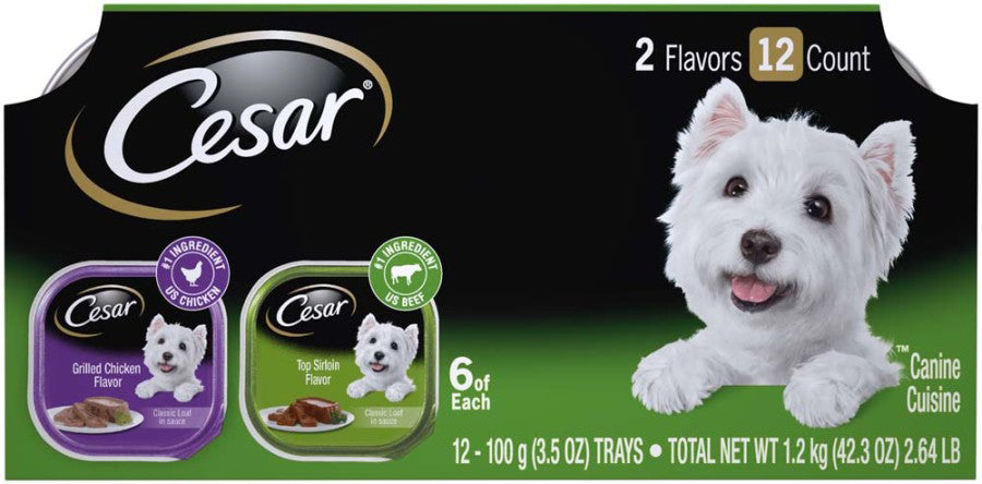 Cesar Classic Loaf in Sauce Adult Wet Dog Food Variety Pack (Grilled Chicken, Top Serloin) 42.3oz 12pk