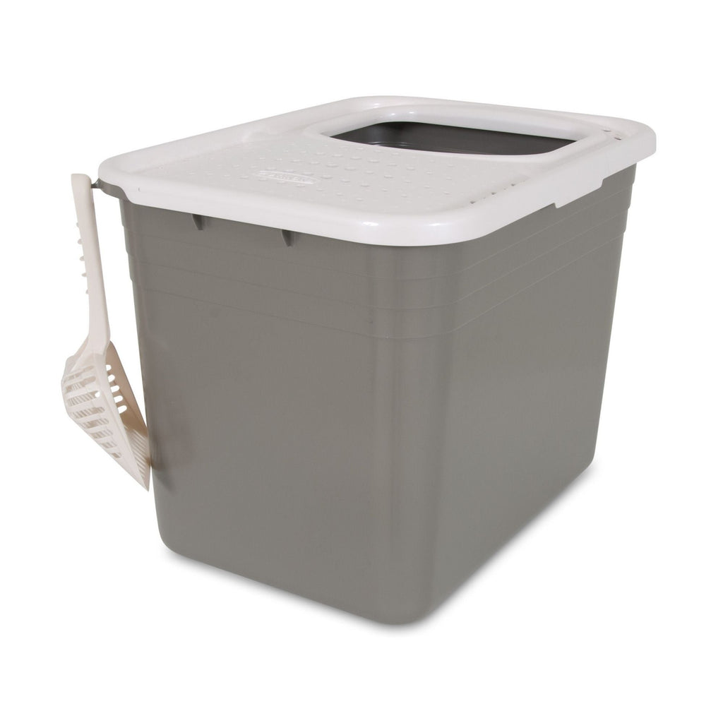 Petmate Top Entry Cat Litter Box Brushed Nickel Base, Pearl White Lid