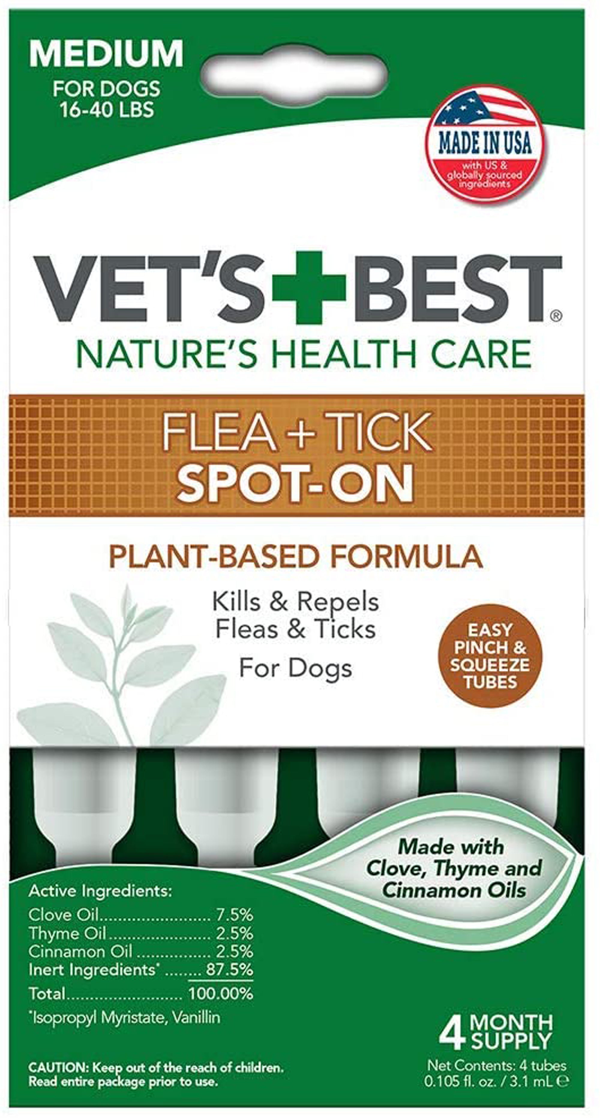 Vet's Best Flea & Tick Spot-On for Dogs 16-40 lbs (3.1 mL, 4-Pack)