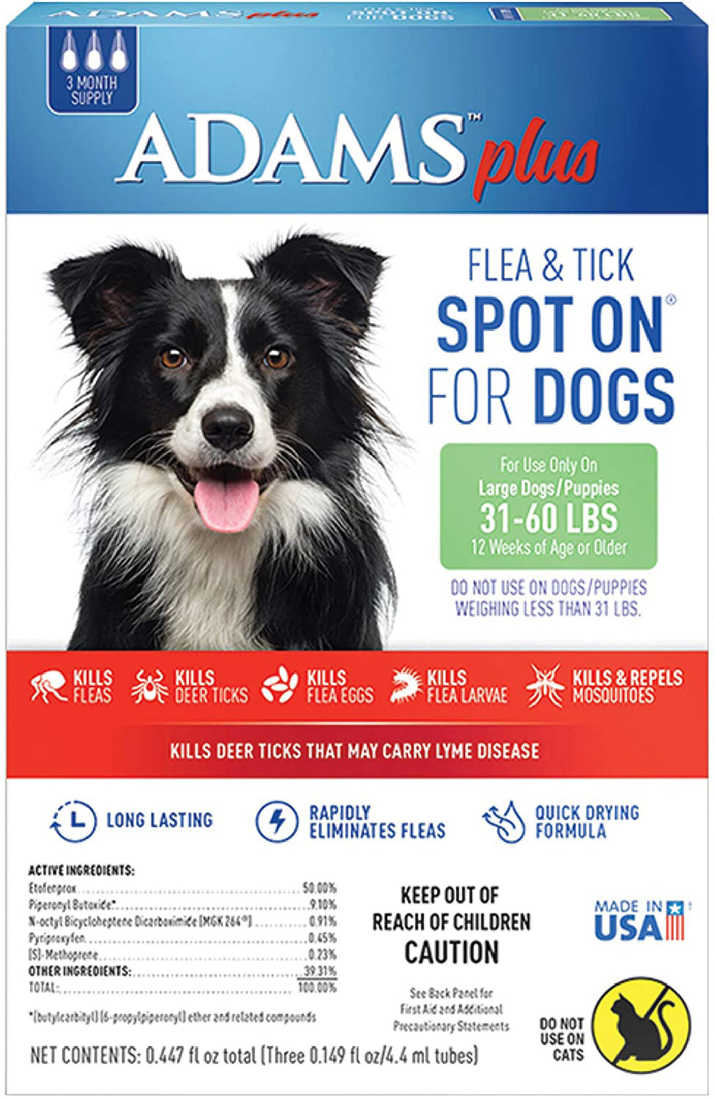 Adams Plus Flea & Tick Spot On for Dogs 31-60 lbs, 3-Month Supply