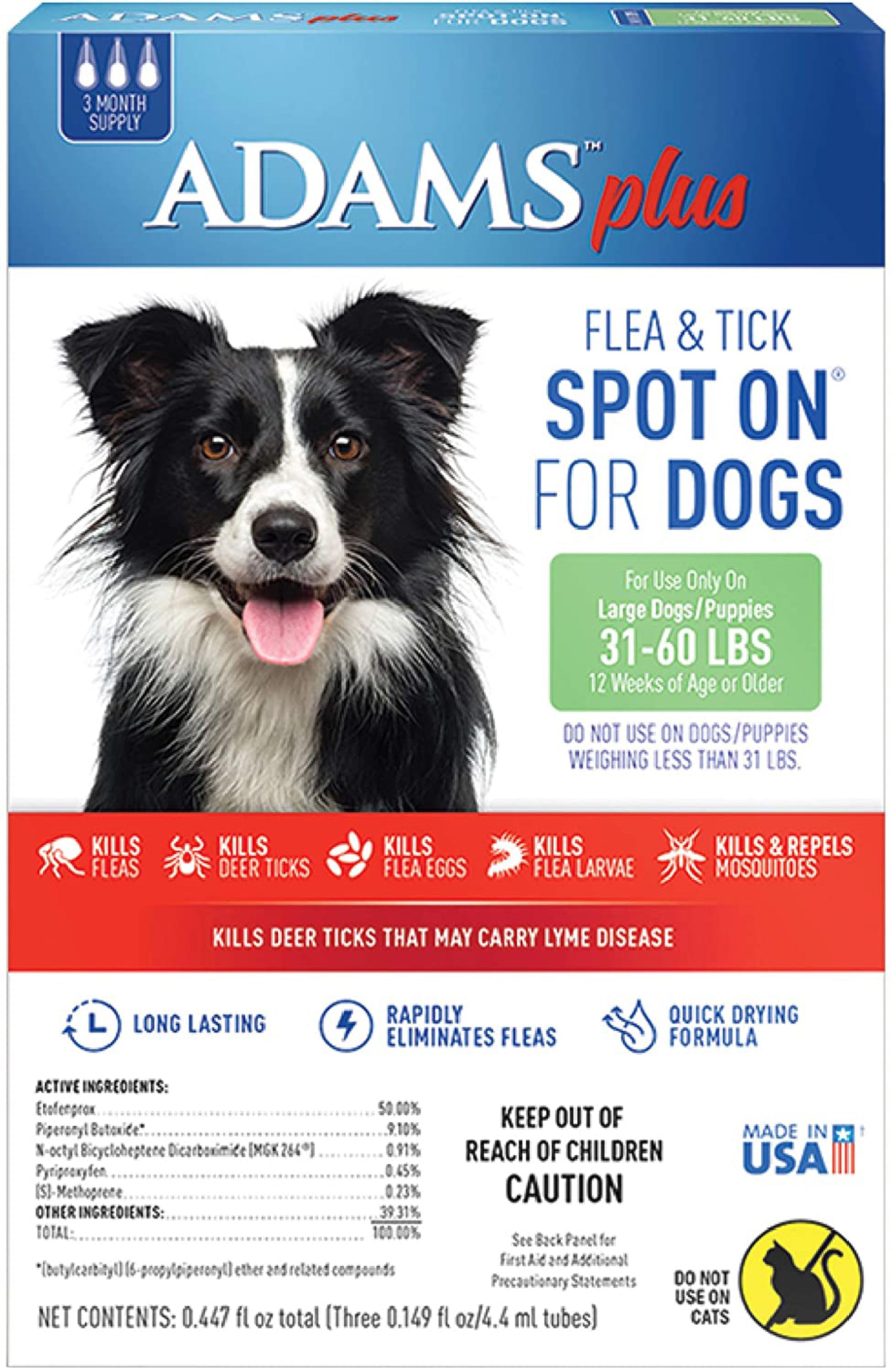 Adams Plus Flea & Tick Spot On for Dogs 31-60 lbs, 3-Month Supply