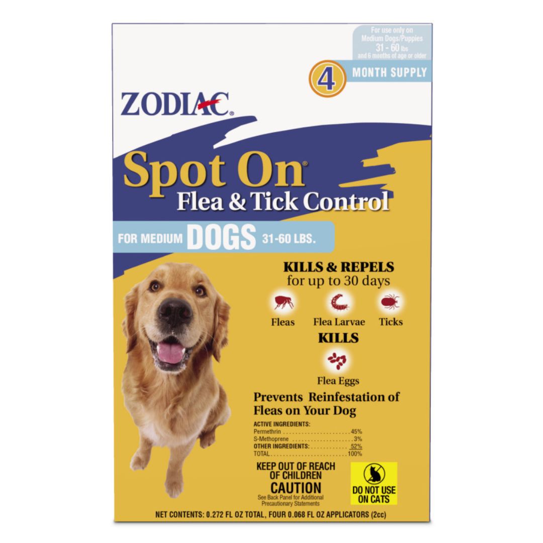 Zodiac Spot On Flea & Tick Control for Medium Dogs 31-60 lbs, 4-Pack