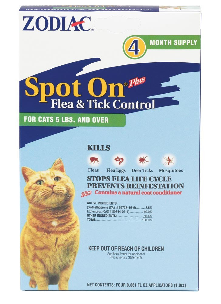 Zodiac Spot On Plus Flea & Tick Control for Cats 5 lbs & Over, 4-Pack