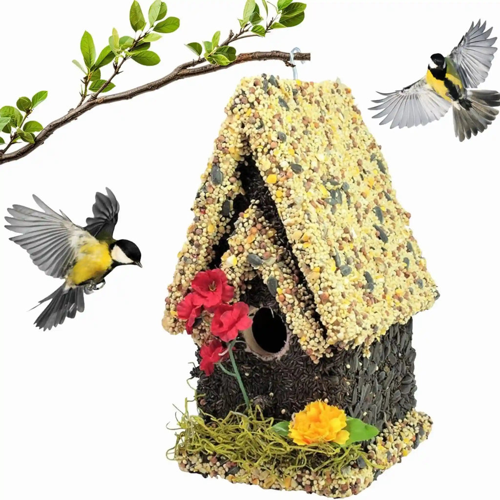 Handmade Edible Birdhouse - Light Roof, Tall Birdhouse Covered in Bird Seeds