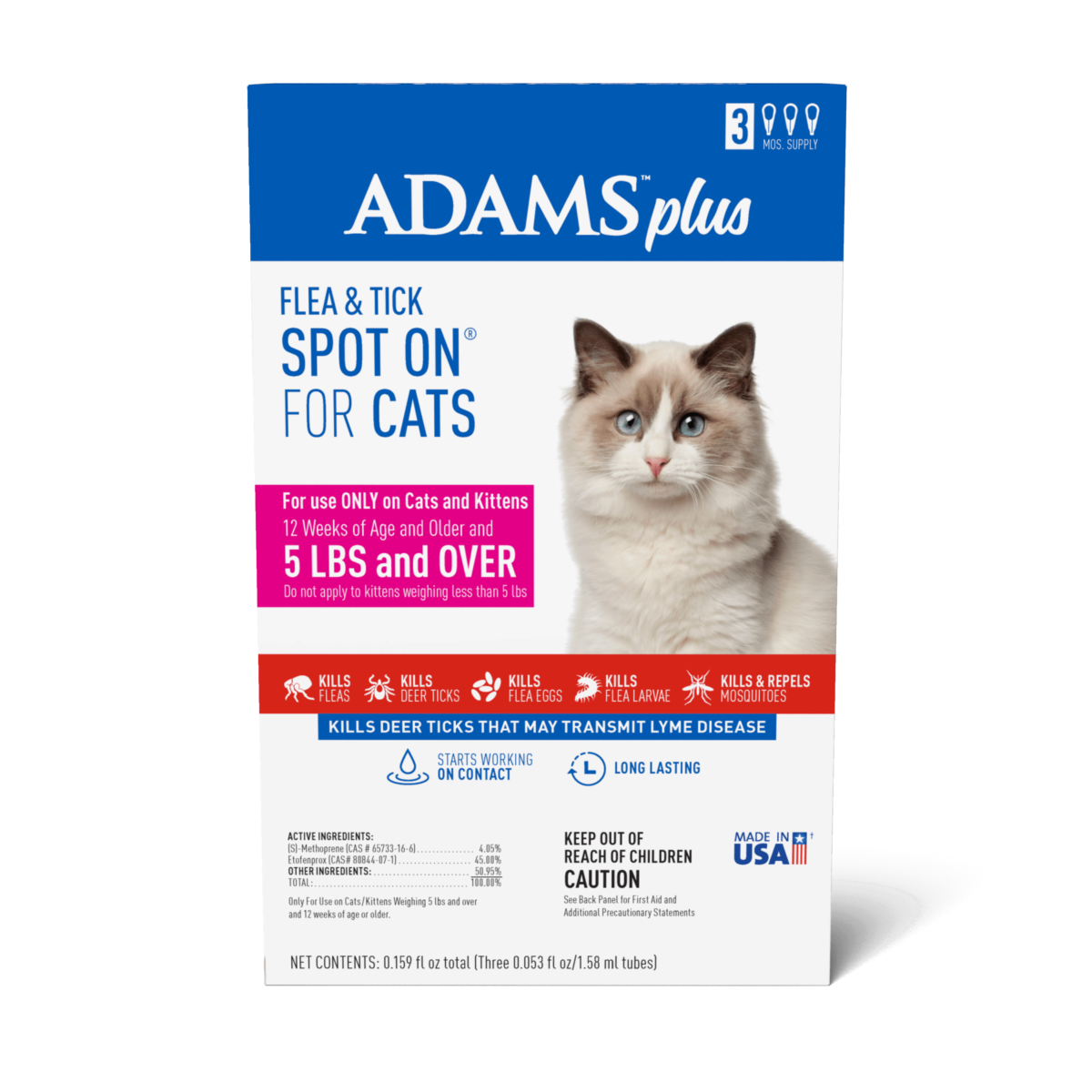 Adams Plus Flea & Tick Spot On for Cats Over 5 lbs, 3-Month Supply