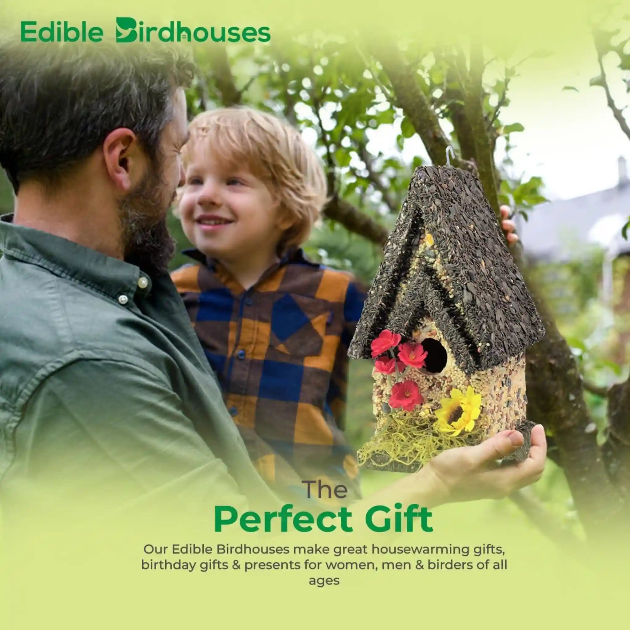 Handmade Edible Birdhouse - Dark Roof, Tall Birdhouse Covered in Bird Seeds