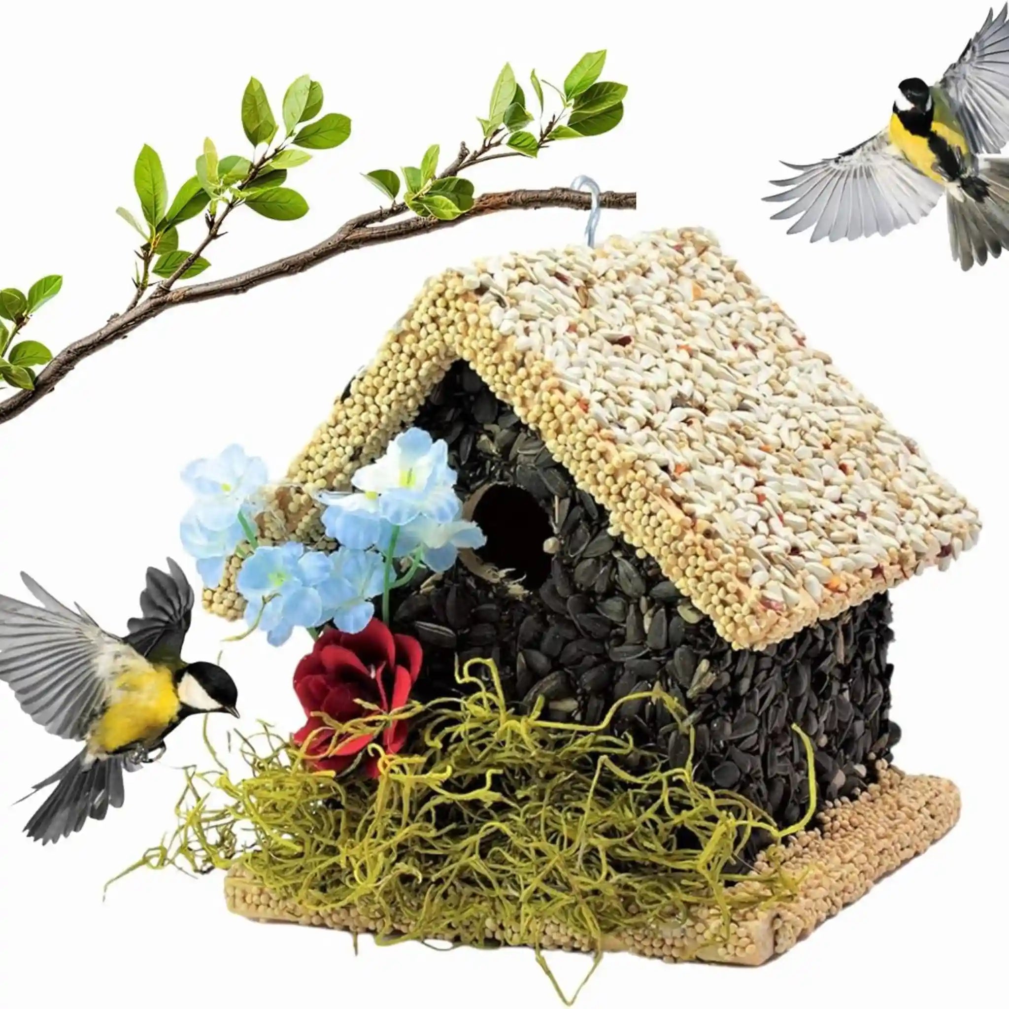 Handmade Edible Birdhouse - Light Roof, Short Birdhouse Covered in Bird Seeds