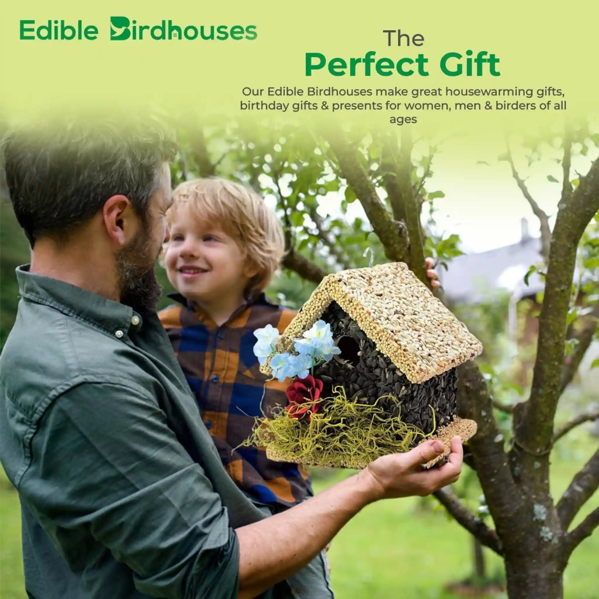 Handmade Edible Birdhouse - Light Roof, Short Birdhouse Covered in Bird Seeds