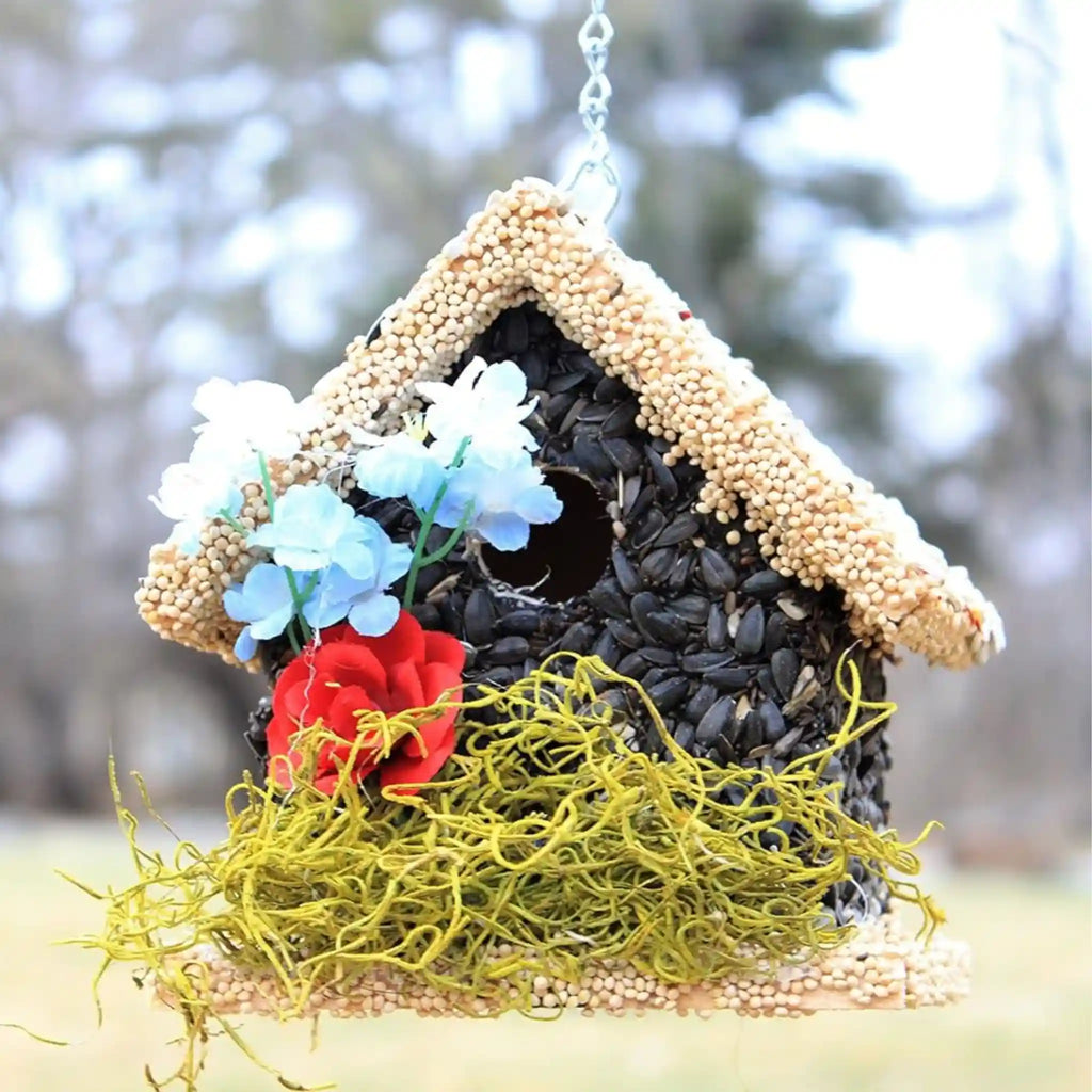 Handmade Edible Birdhouse - Light Roof, Short Birdhouse Covered in Bird Seeds