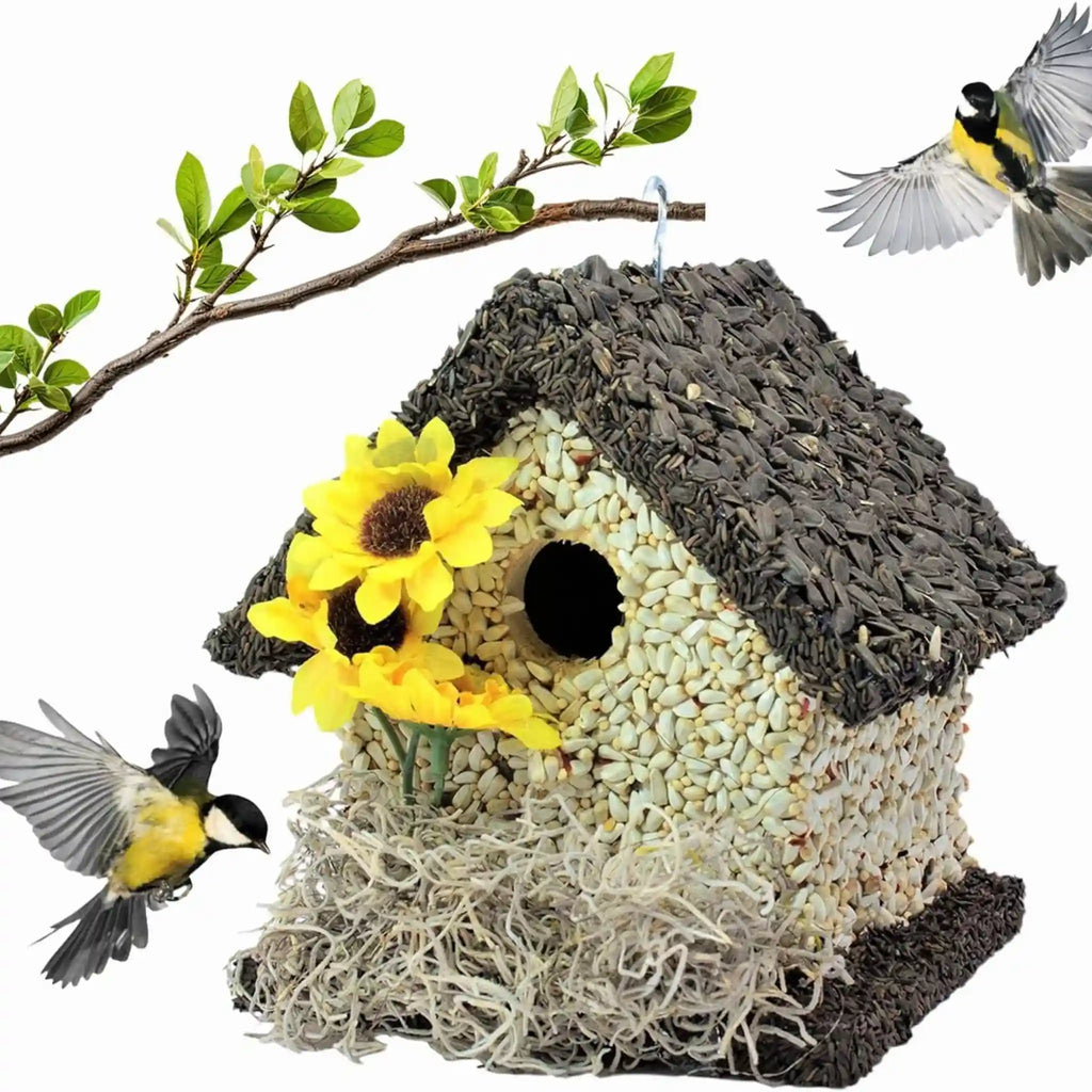 Handmade Edible Birdhouse - Dark Roof, Short Birdhouse Covered in Bird Seeds