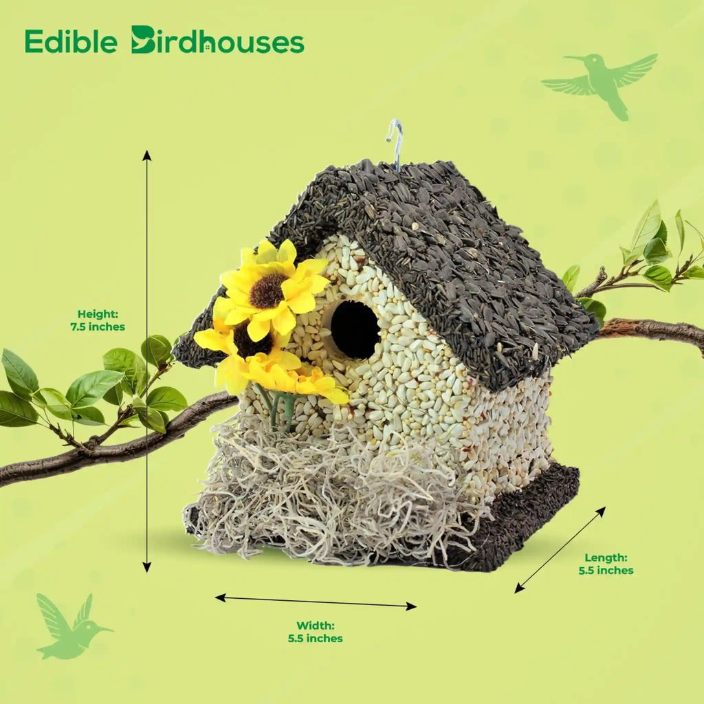 Handmade Edible Birdhouse - Dark Roof, Short Birdhouse Covered in Bird Seeds