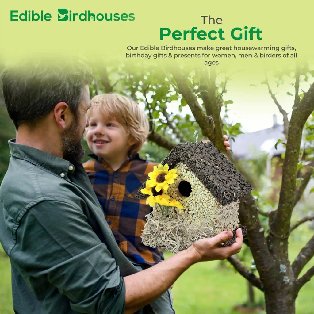 Handmade Edible Birdhouse - Dark Roof, Short Birdhouse Covered in Bird Seeds