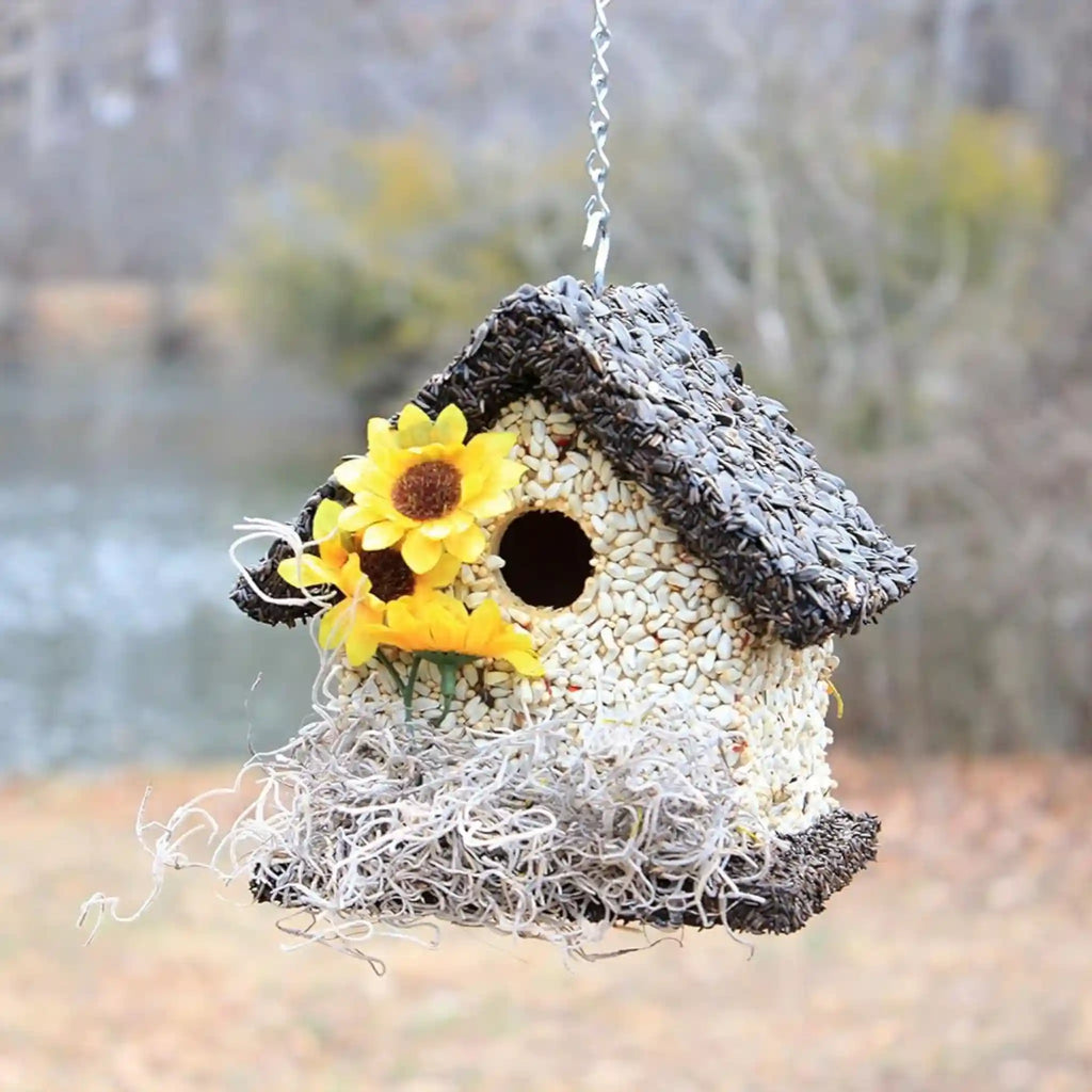 Handmade Edible Birdhouse - Dark Roof, Short Birdhouse Covered in Bird Seeds