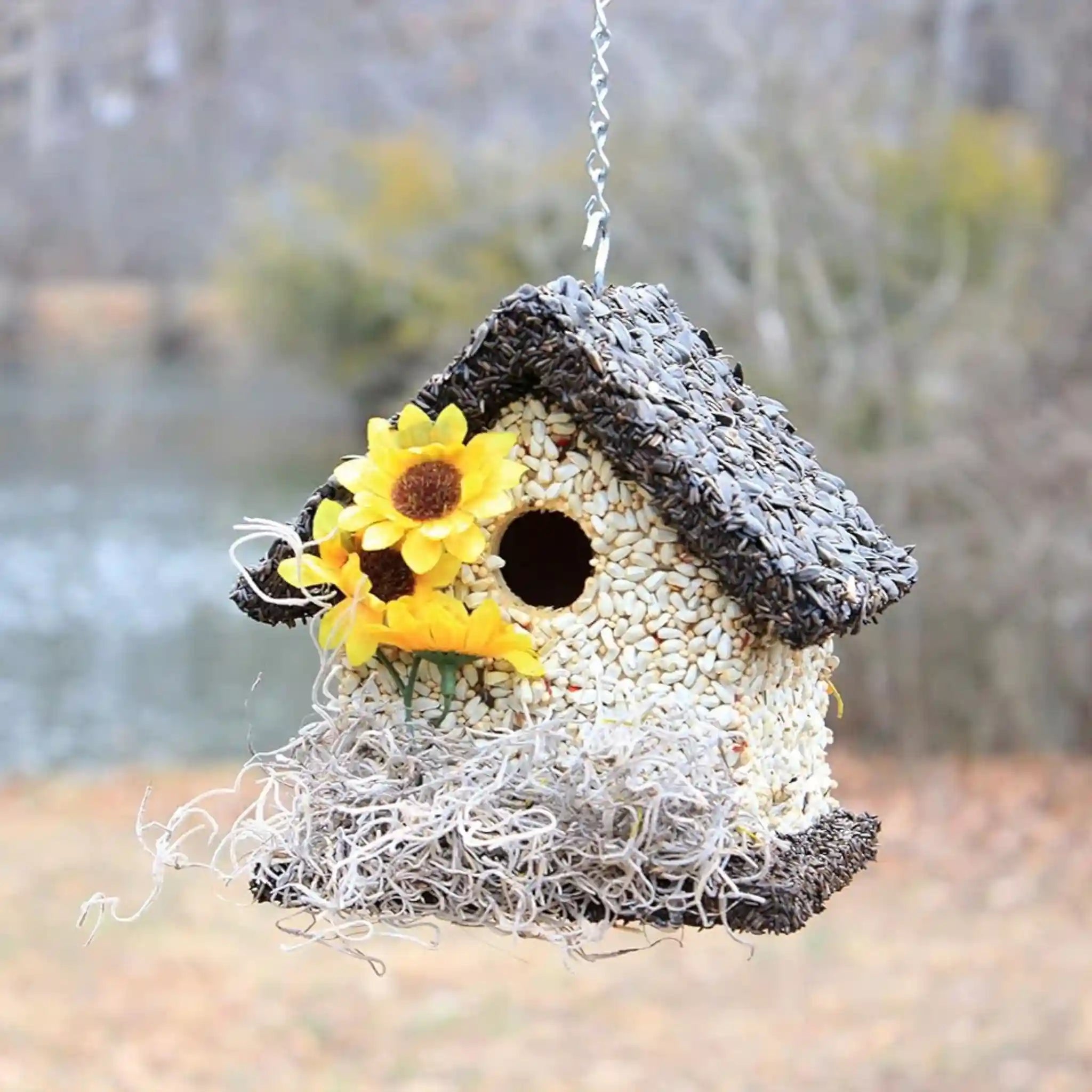Handmade Edible Birdhouse - Dark Roof, Short Birdhouse Covered in Bird Seeds