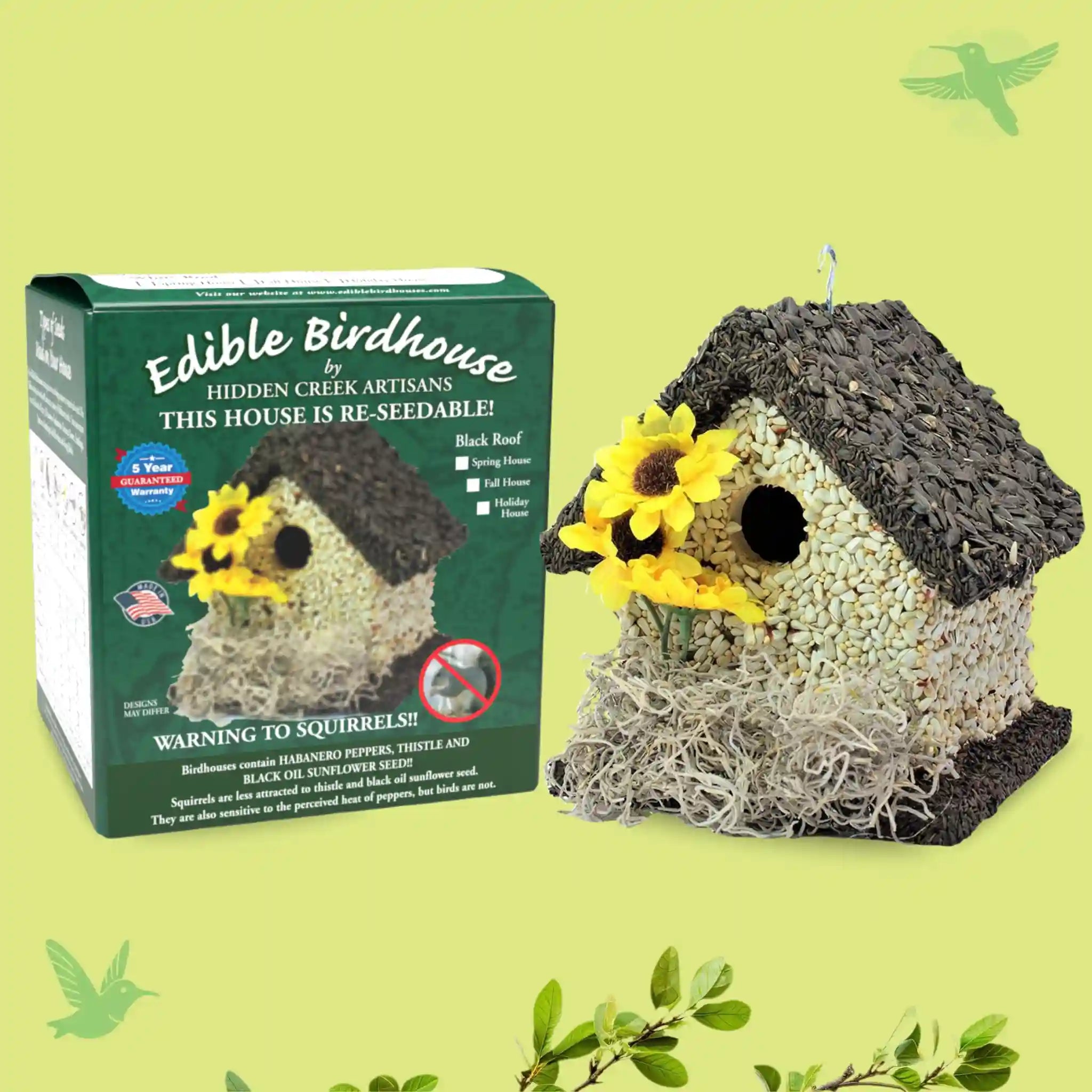 Handmade Edible Birdhouse - Dark Roof, Short Birdhouse Covered in Bird Seeds