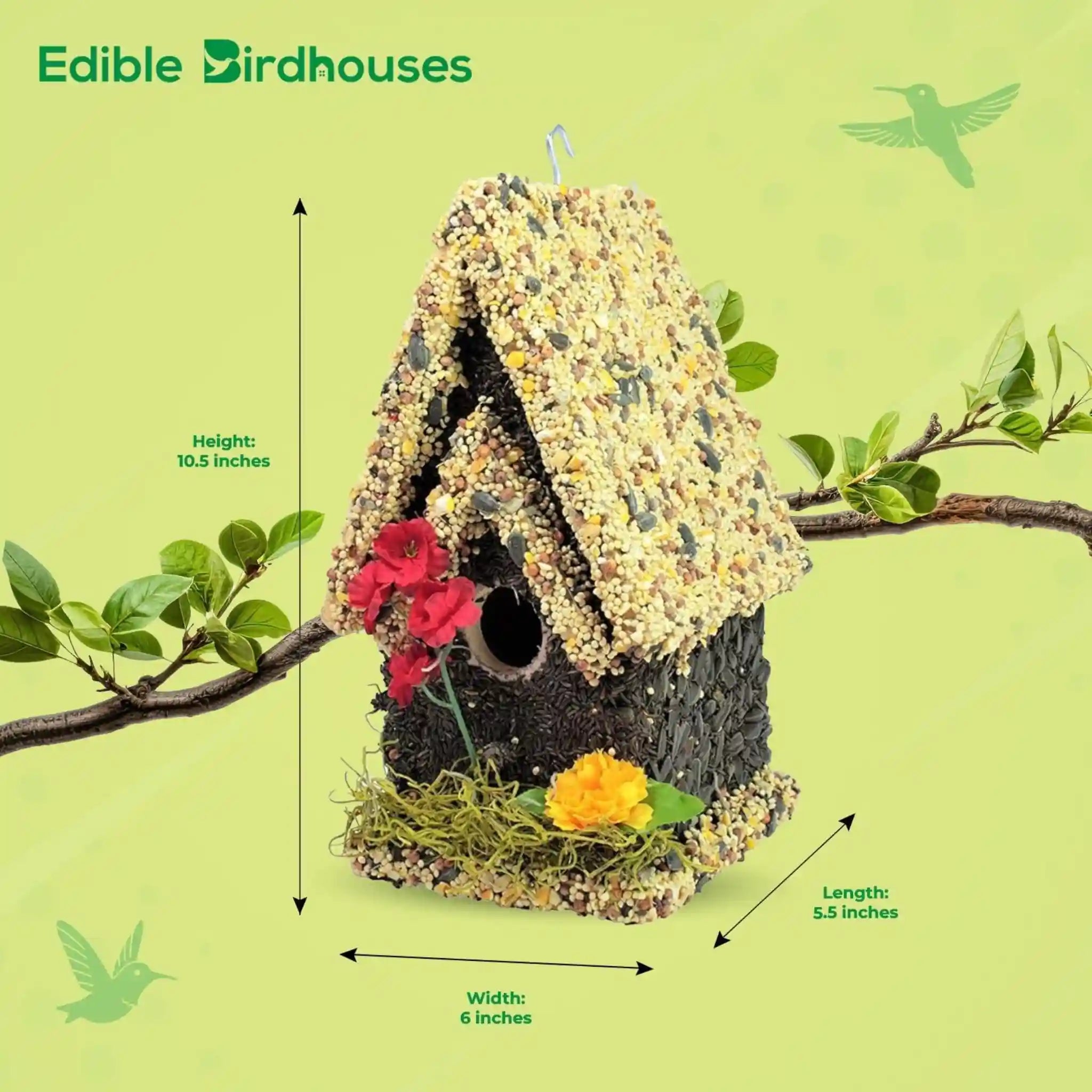 Handmade Edible Birdhouse - Light Roof, Tall Birdhouse Covered in Bird Seeds