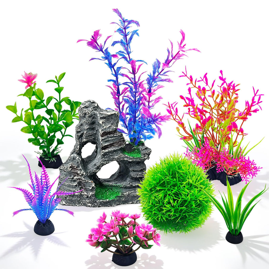 Aquarium Plant & Rock Cave Decor Set (8 Pieces)