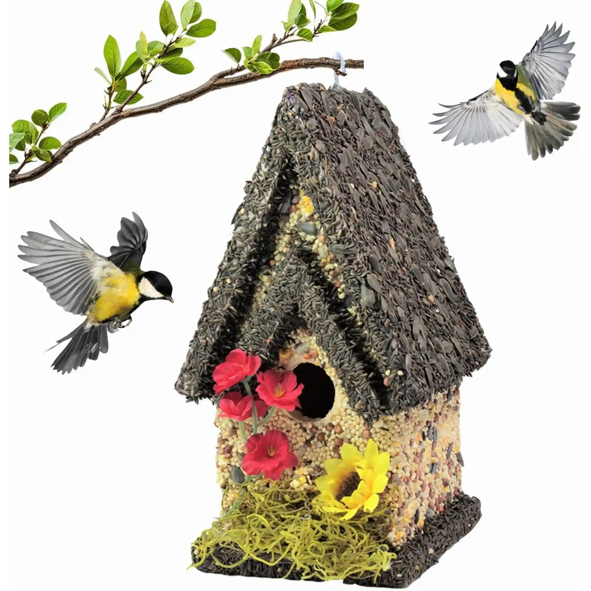 Handmade Edible Birdhouse - Dark Roof, Tall Birdhouse Covered in Bird Seeds