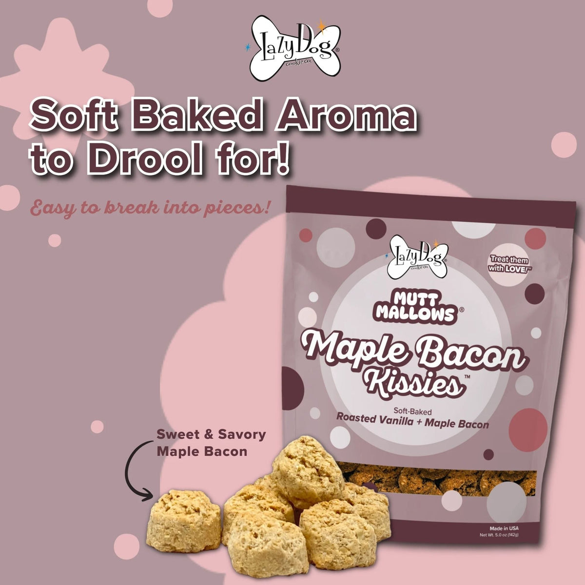 Lazy Dog Mutt Mallows Maple Bacon Kissies 5oz. (Case of 3)
