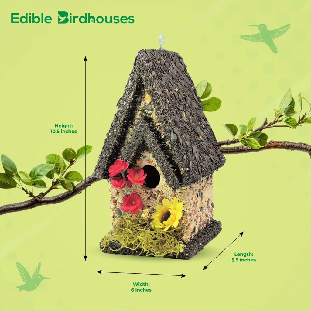 Handmade Edible Birdhouse - Dark Roof, Tall Birdhouse Covered in Bird Seeds