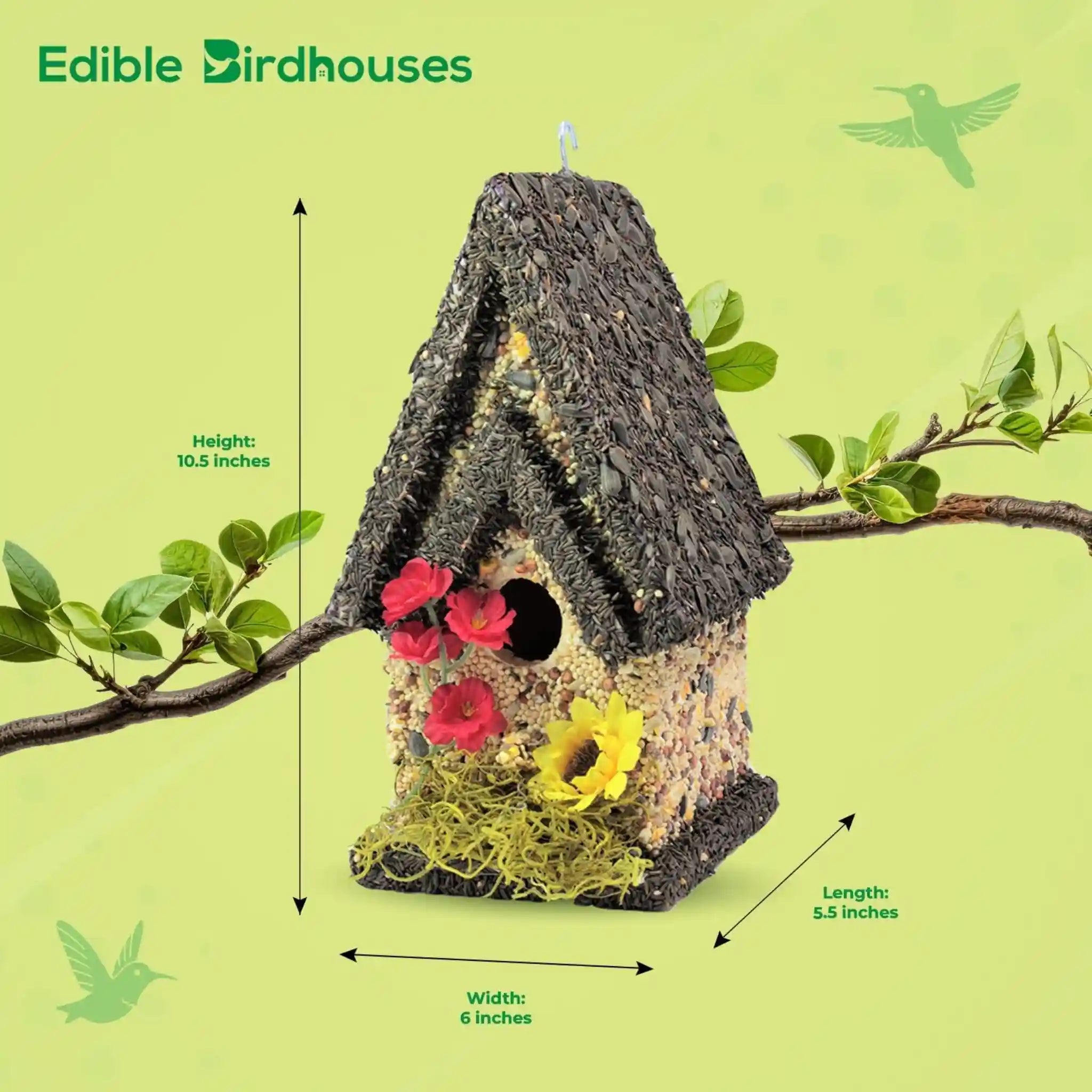 Handmade Edible Birdhouse - Dark Roof, Tall Birdhouse Covered in Bird Seeds
