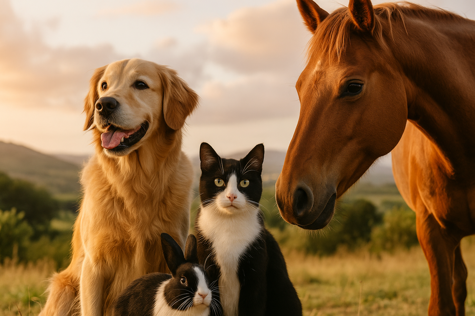 Dog, cat, and horse standing together in a field with a sunset background

