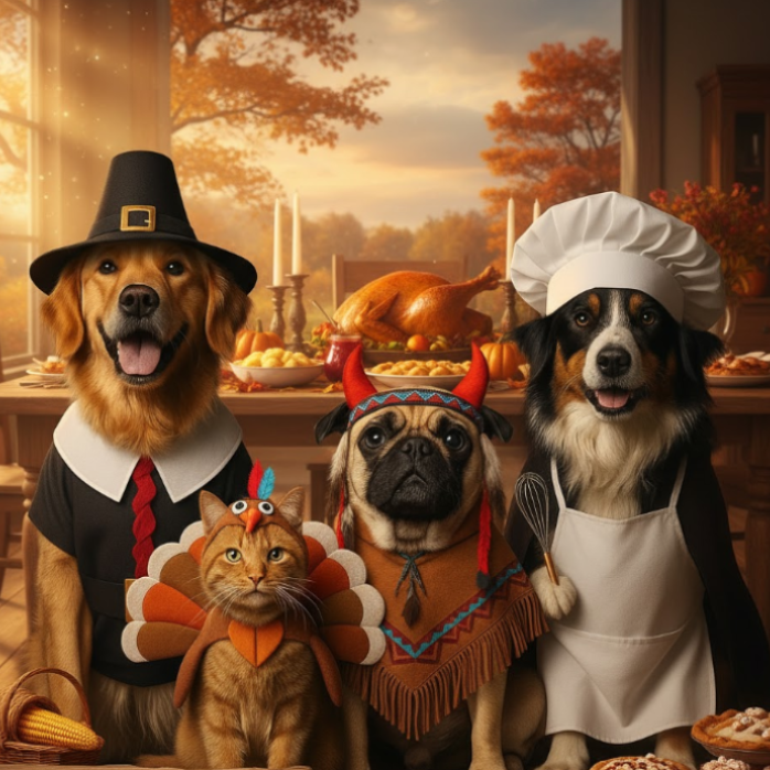 Four dogs and a cat in Thanksgiving-themed costumes around a table with a turkey and pie.