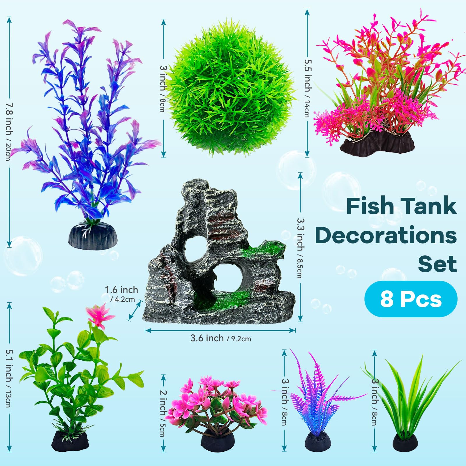 Aquarium Plant & Rock Cave Decor Set (8 Pieces)