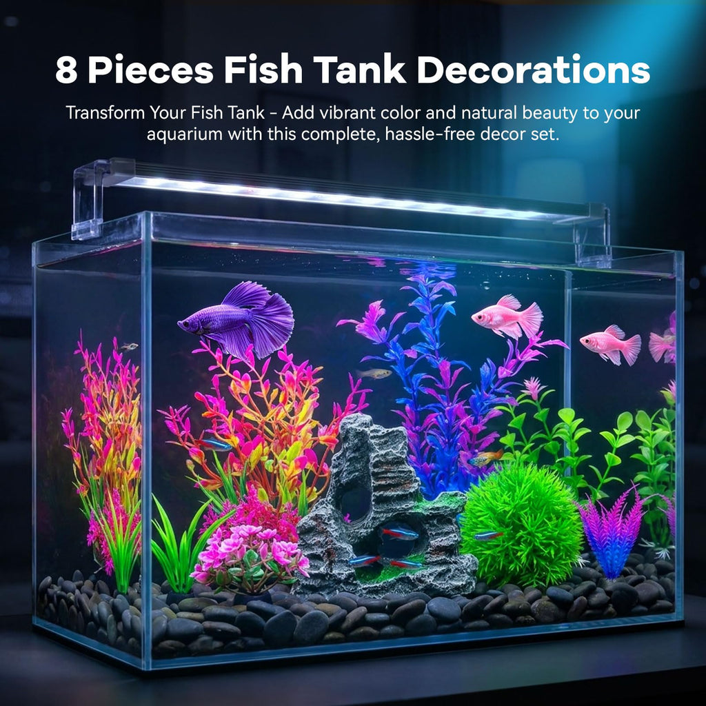 Aquarium Plant & Rock Cave Decor Set (8 Pieces)