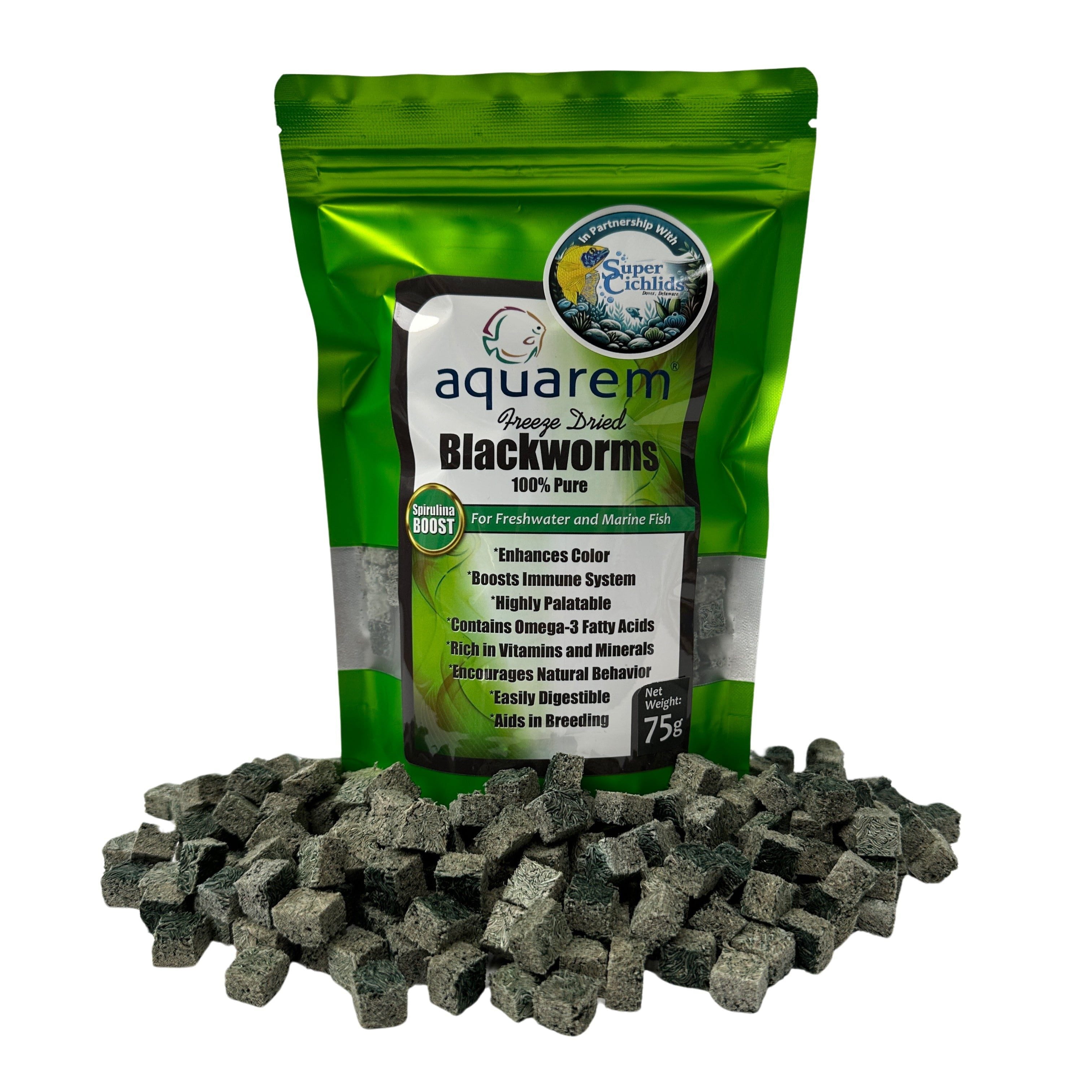 Super Cichlids Freeze-Dried Blackworms with Spirulina (All Natural, High Protein Fish Food)